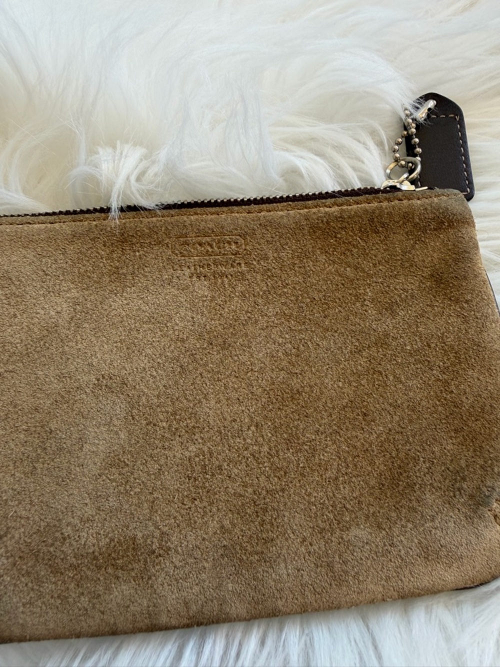Coach Suede Pouch in Camel Brown with Dark Trim